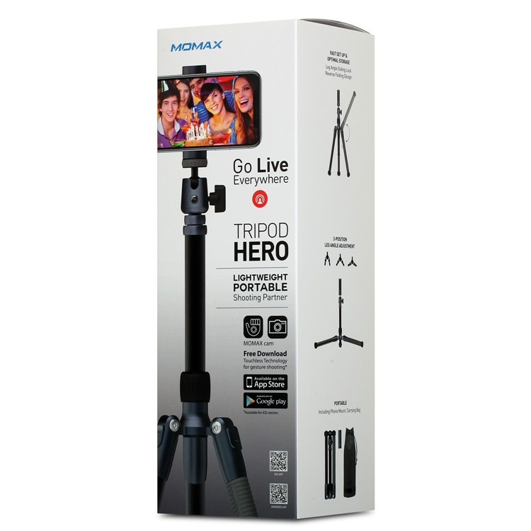 MOMAX Tritod Hero Extrendable Trípode Monopod Camera Fotografía Soporte de Soporte Selfie Stick Con Clip de Teléfono - Gris