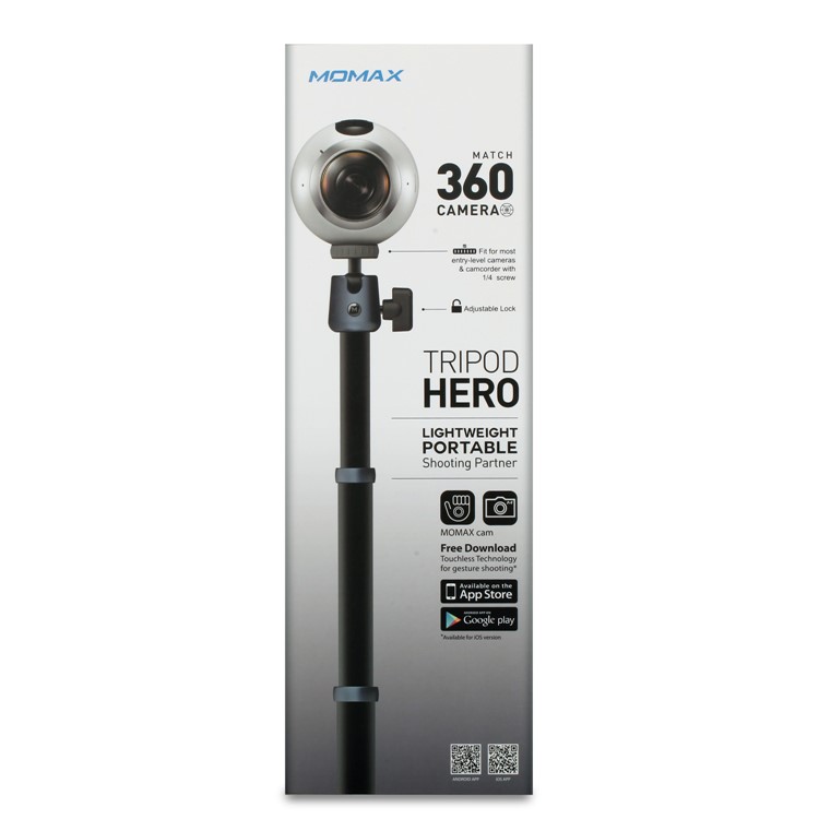 MOMAX Tritod Hero Extrendable Trípode Monopod Camera Fotografía Soporte de Soporte Selfie Stick Con Clip de Teléfono - Gris