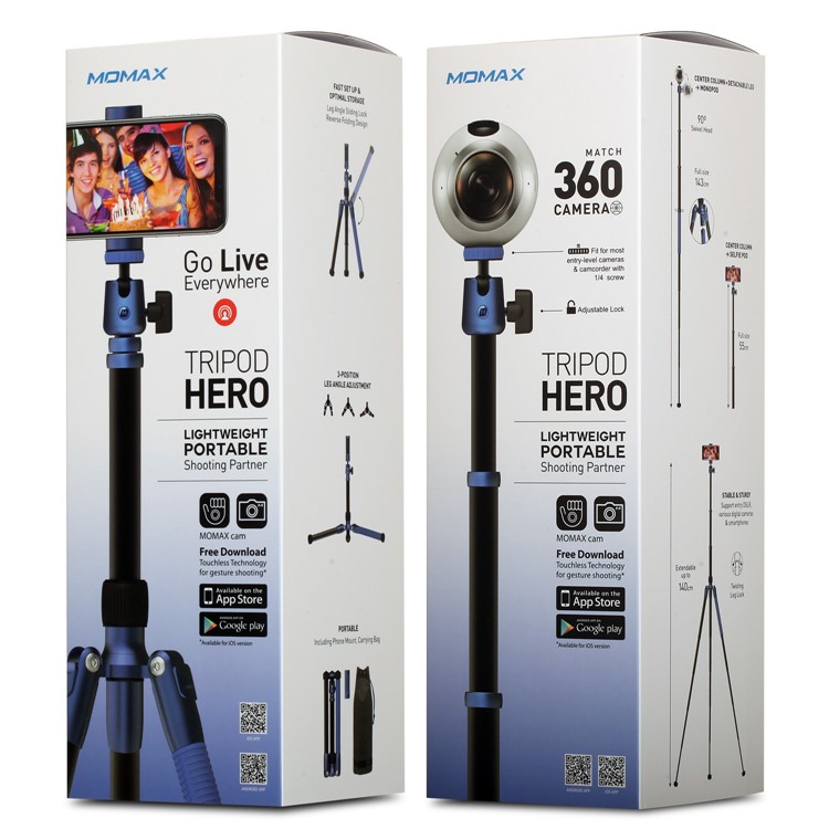 MOMAX Tripod Hero DSLR Camera Light Weight Aluminum Tripod with Universal Smartphone Clamp - Blue-10