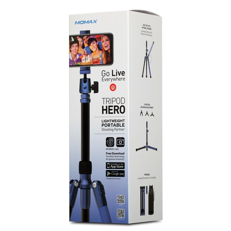 MOMAX Tripod Hero DSLR Camera Light Weight Aluminum Tripod with Universal Smartphone Clamp - Blue-11