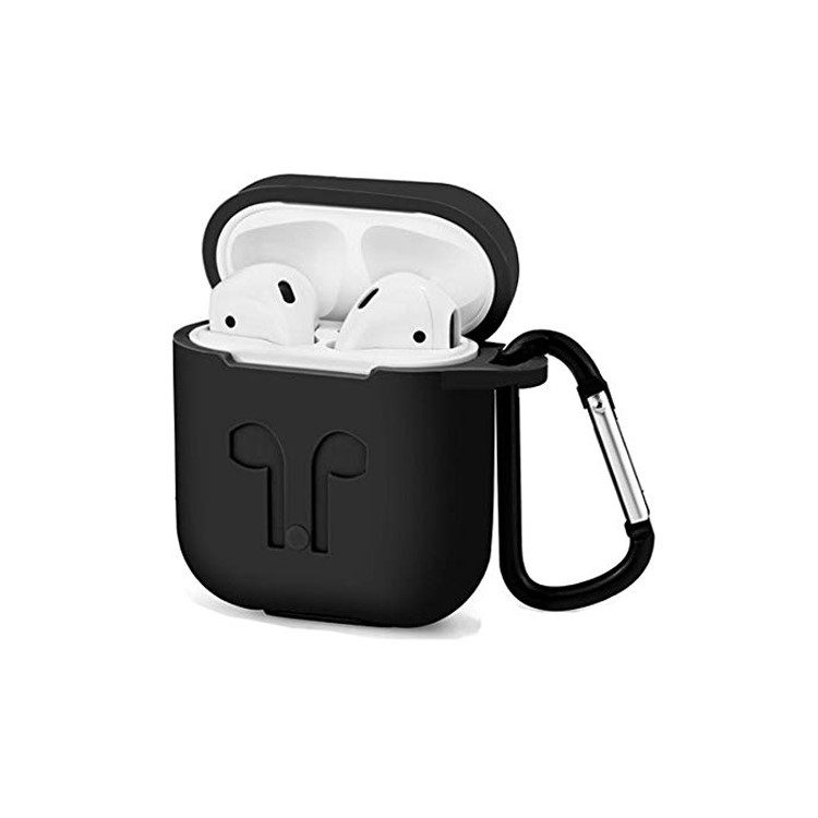 4-em-1 Capa De Silicone À Prova De Choque À Prova De Poeira Para Apple Airpods Caso De Carregamento Com Gancho, Chaveiro E Cinta Anti-perdida - Preto-1