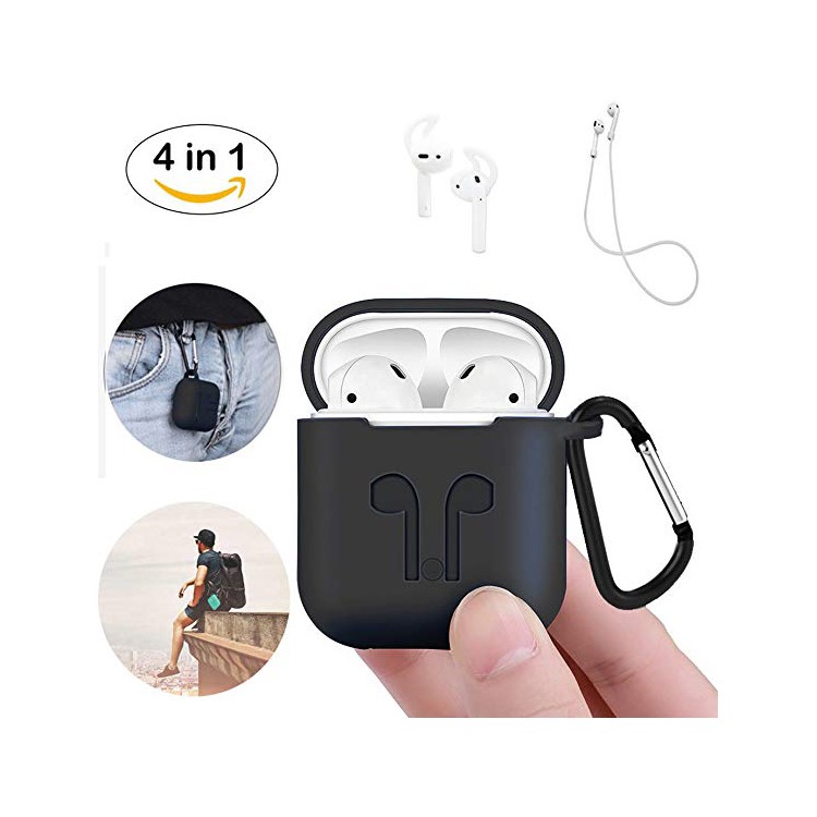 4-em-1 Capa De Silicone À Prova De Choque À Prova De Poeira Para Apple Airpods Caso De Carregamento Com Gancho, Chaveiro E Cinta Anti-perdida - Preto-2