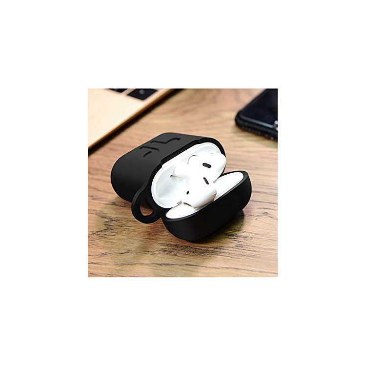 4-em-1 Capa De Silicone À Prova De Choque À Prova De Poeira Para Apple Airpods Caso De Carregamento Com Gancho, Chaveiro E Cinta Anti-perdida - Preto-4