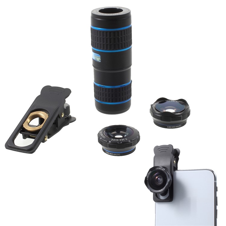 5-in-1 Universal Clip Telephoto Lens Kit, 12x Telephoto Lens + 180° Fisheye Lens + 0.36x Wide Angle Lens + 15x Macro Lens + Metal Clip-1