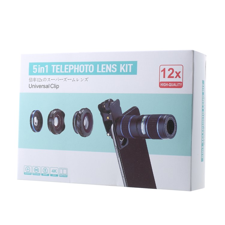 5-in-1 Universal Clip Telephoto Lens Kit, 12x Telephoto Lens + 180° Fisheye Lens + 0.36x Wide Angle Lens + 15x Macro Lens + Metal Clip-19