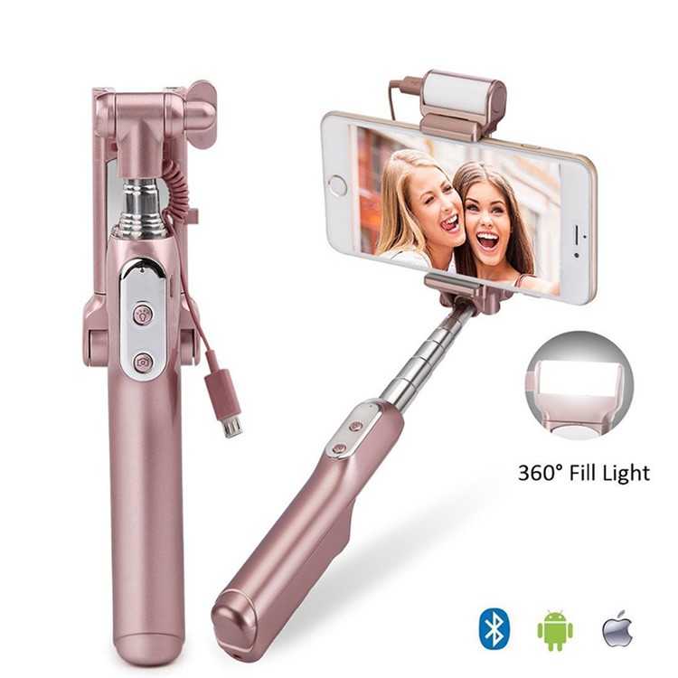 WQ41 Bluetooth Selfie Stick with Rear Mirror 360 Degree LED Fill Light Foldable Monopod-3