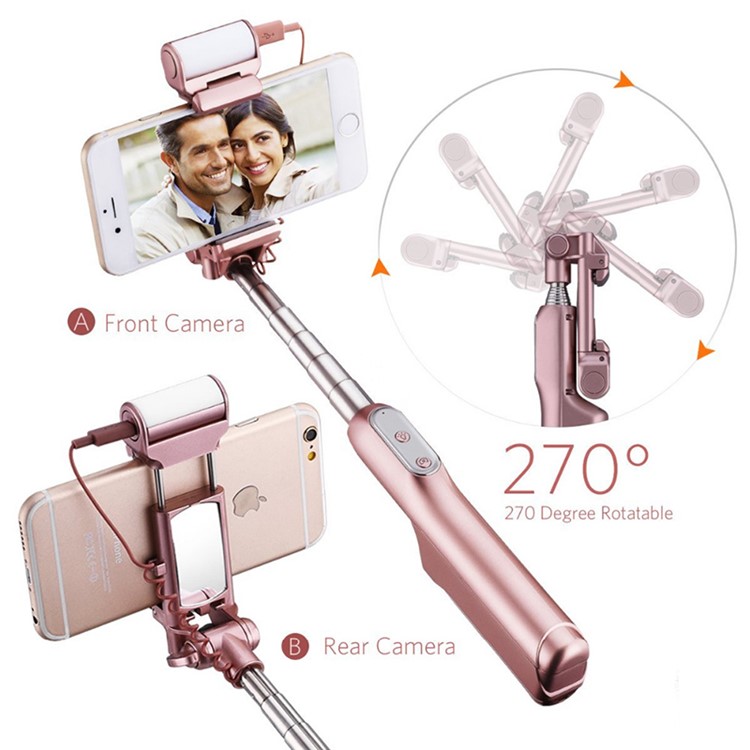 WQ41 Bluetooth Selfie Stick with Rear Mirror 360 Degree LED Fill Light Foldable Monopod-4