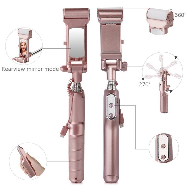 WQ41 Bluetooth Selfie Stick with Rear Mirror 360 Degree LED Fill Light Foldable Monopod-5