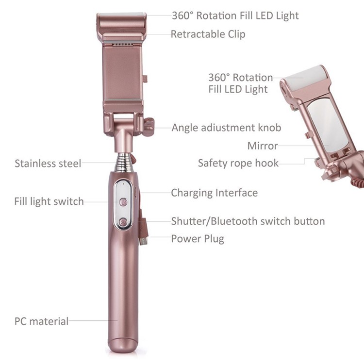 WQ41 Bluetooth Selfie Stick with Rear Mirror 360 Degree LED Fill Light Foldable Monopod-6