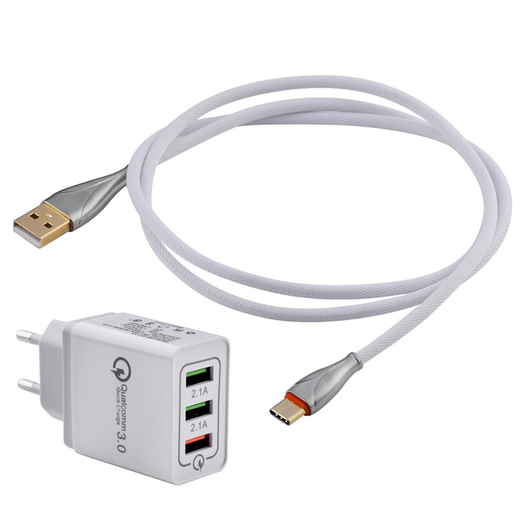 QC3.0 3 USB Ports Wall Charger Adapter with Type-C Cable Kit for Samsung Huawei Xiaomi Etc. - EU Plug-5
