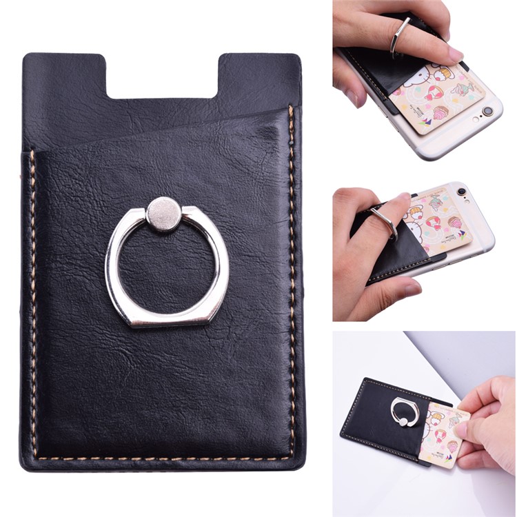 Adhesive PU Leather Credit Card Pocket with Finger Grip Kickstand for Cell Phone (Built-in Magnet Iron) - Black-1