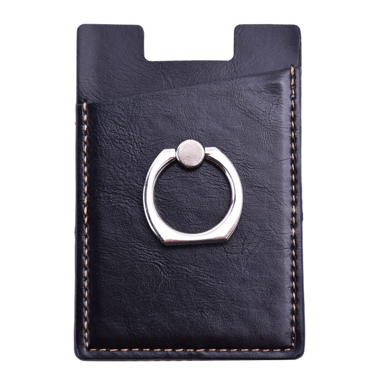 Adhesive PU Leather Credit Card Pocket with Finger Grip Kickstand for Cell Phone (Built-in Magnet Iron) - Black-2