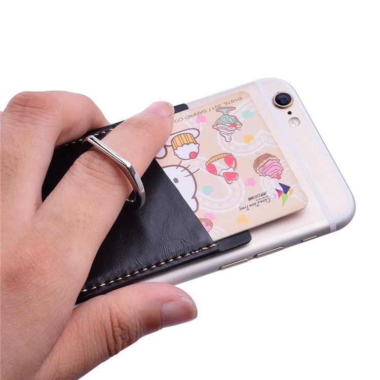Adhesive PU Leather Credit Card Pocket with Finger Grip Kickstand for Cell Phone (Built-in Magnet Iron) - Black-4