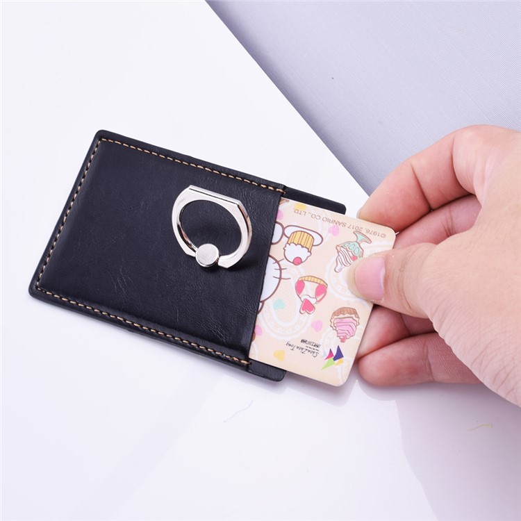Adhesive PU Leather Credit Card Pocket with Finger Grip Kickstand for Cell Phone (Built-in Magnet Iron) - Black-6