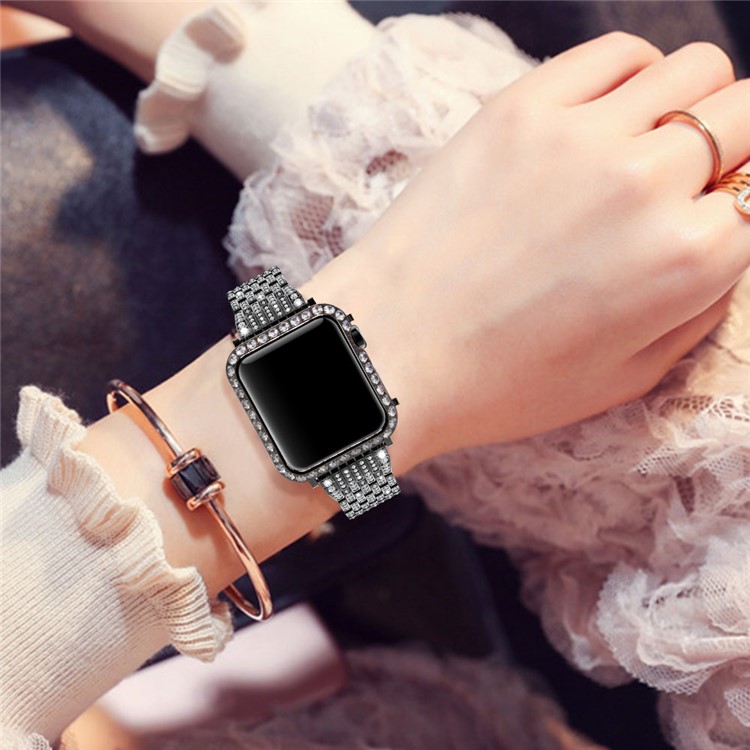 Shiny One-row Rhinestone Decorated Metal Protective Case for Apple Watch Series 3/2/1 38mm - Black-10