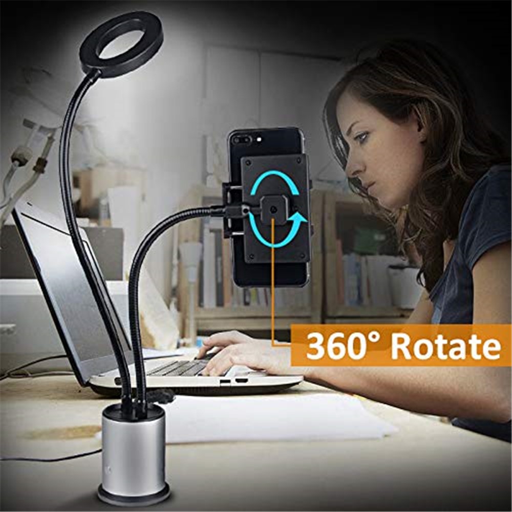 Dimmable Desktop LED Selfie Ring Light with Cell Phone Holder 3 Color Modes - Silver-2