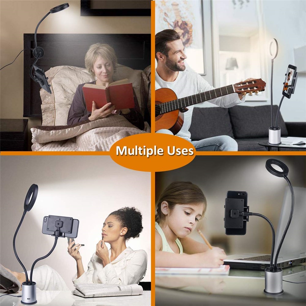 Dimmable Desktop LED Selfie Ring Light with Cell Phone Holder 3 Color Modes - Silver-6