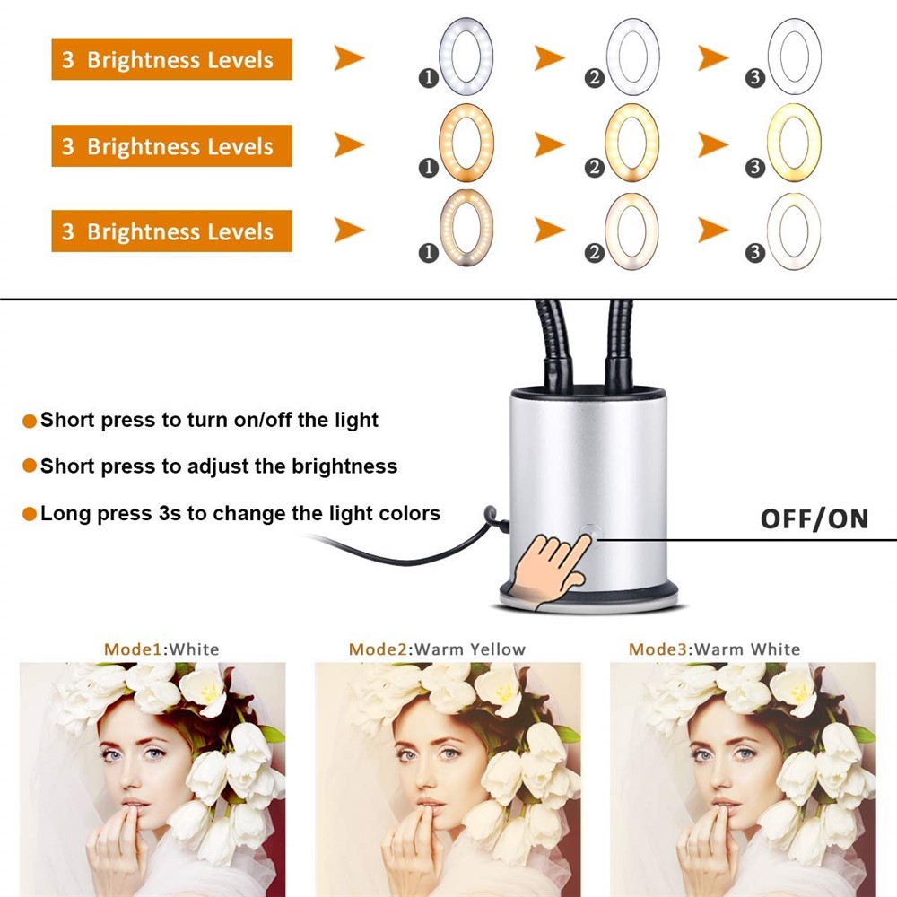 Dimmable Desktop LED Selfie Ring Light with Cell Phone Holder 3 Color Modes - Silver-7