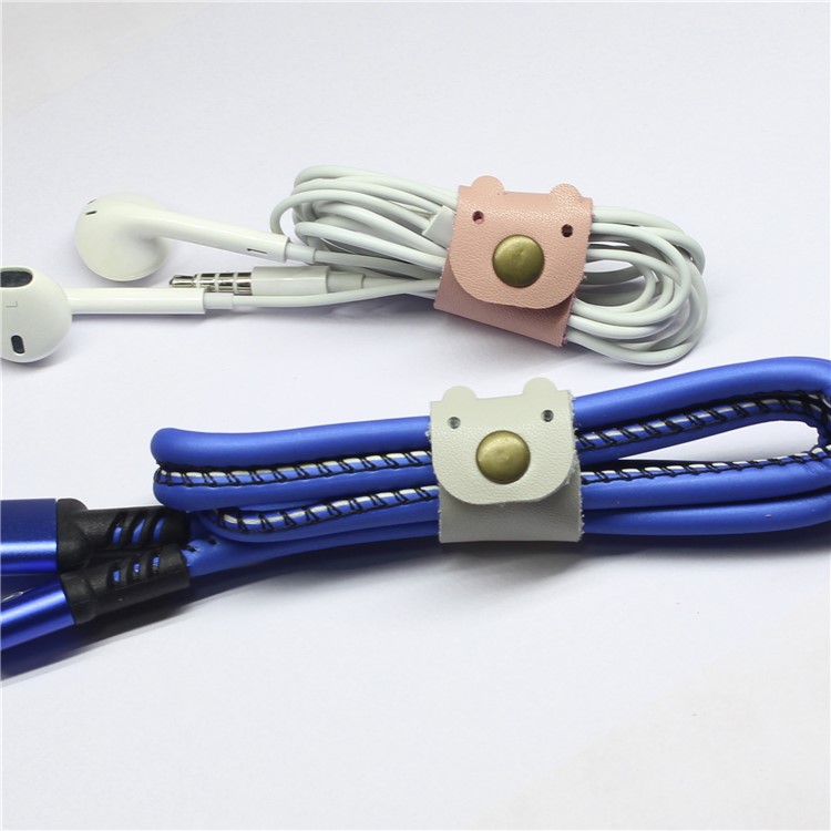 Cartoon Bear Pattern Genuine Leather Cable Cord Wire Earphone Bobbin Winder Organizer - Grey-7