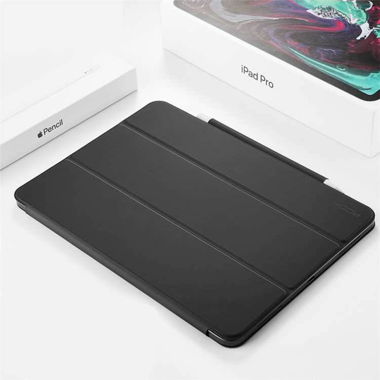 ROCHA Veena Série Inteligente Couro PU Tri-fold Suporte De Proteção Caso Com Caneta Stylus Slot Para Ipad Pro De 11 Polegadas (2018) - Cinzento-3