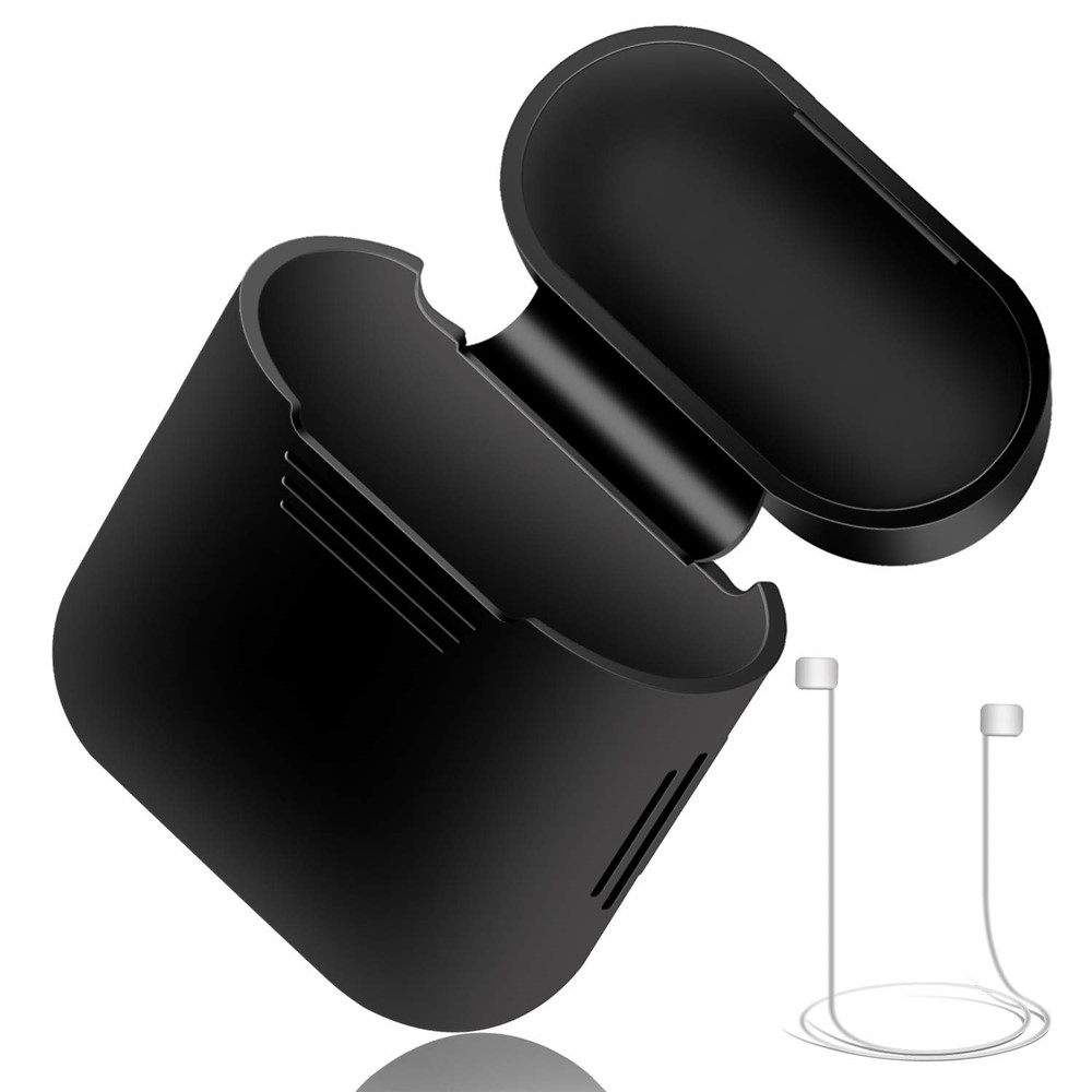 Für Apple AirPods 4-in-1-Zubehör Stoßdämpfe Silikon-Schutzabdeckung + Halsriemen + Kopfhörerhalter + Earmud-Abdeckung - Schwarz