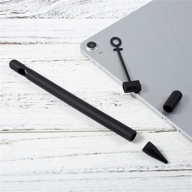 For Apple Pencil Silicone Holder Sleeve Cover with Cap Holder + Nip Cover + Cable Adapter Tether - Black-4