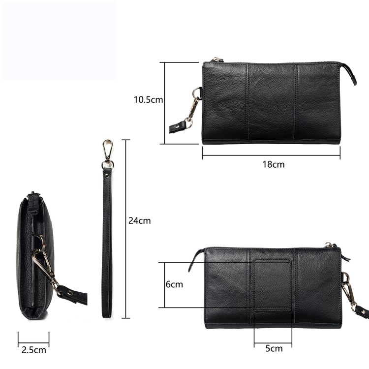 6.5 Inch Universal Phone Pouch Genuine Leather Waist Bag Zipper Portable Handbag with Strap for Smartphones - Black-12