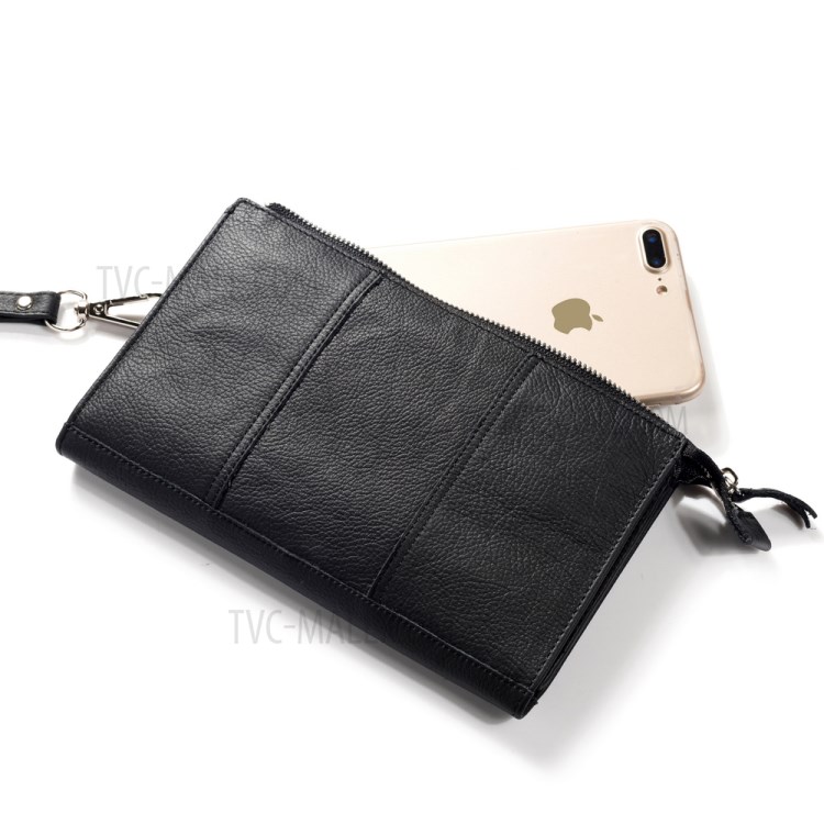 6.5 Inch Universal Phone Pouch Genuine Leather Waist Bag Zipper Portable Handbag with Strap for Smartphones - Black-14