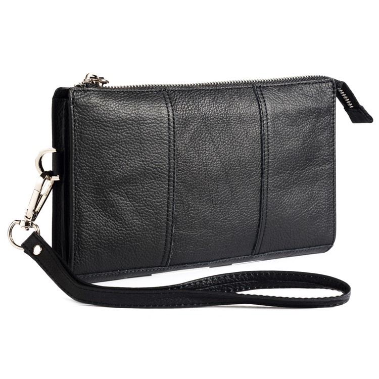 6.5 Inch Universal Phone Pouch Genuine Leather Waist Bag Zipper Portable Handbag with Strap for Smartphones - Black-2