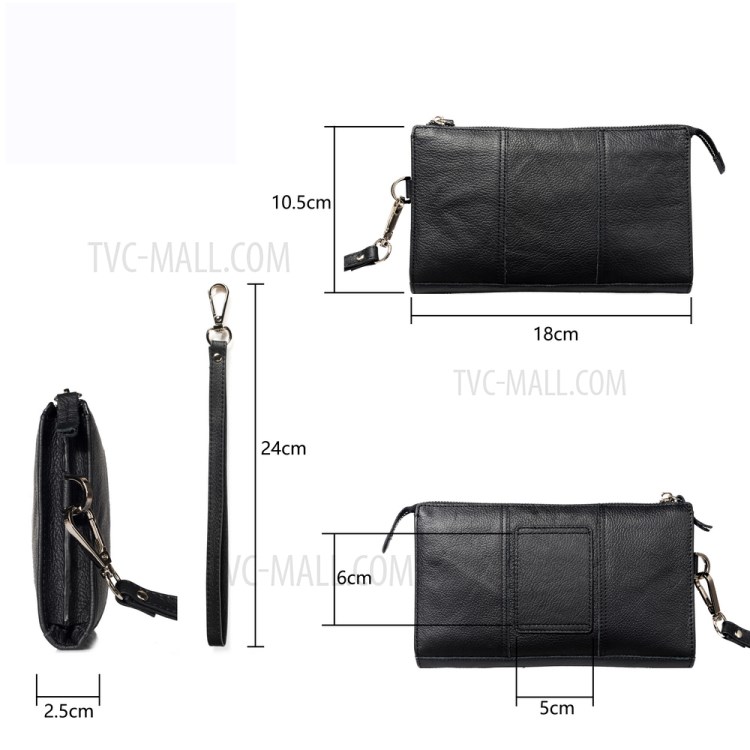 6.5 Inch Universal Phone Pouch Genuine Leather Waist Bag Zipper Portable Handbag with Strap for Smartphones - Black-20