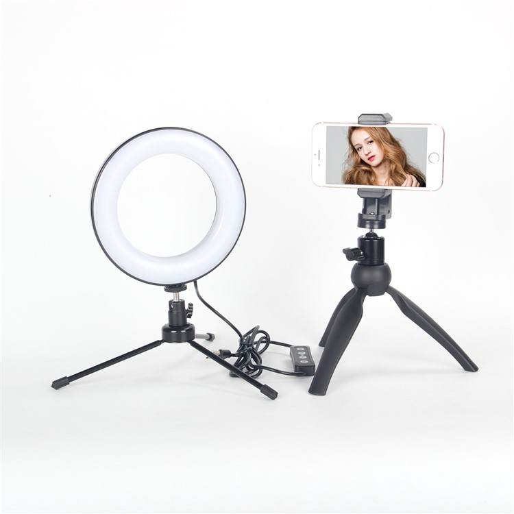 Mini 6-inch Dimmable Ring Light LED Desktop Lamp with Cell Phone Holder and Two Tripod Stands for Video Shooting and Makeup etc. - White-2