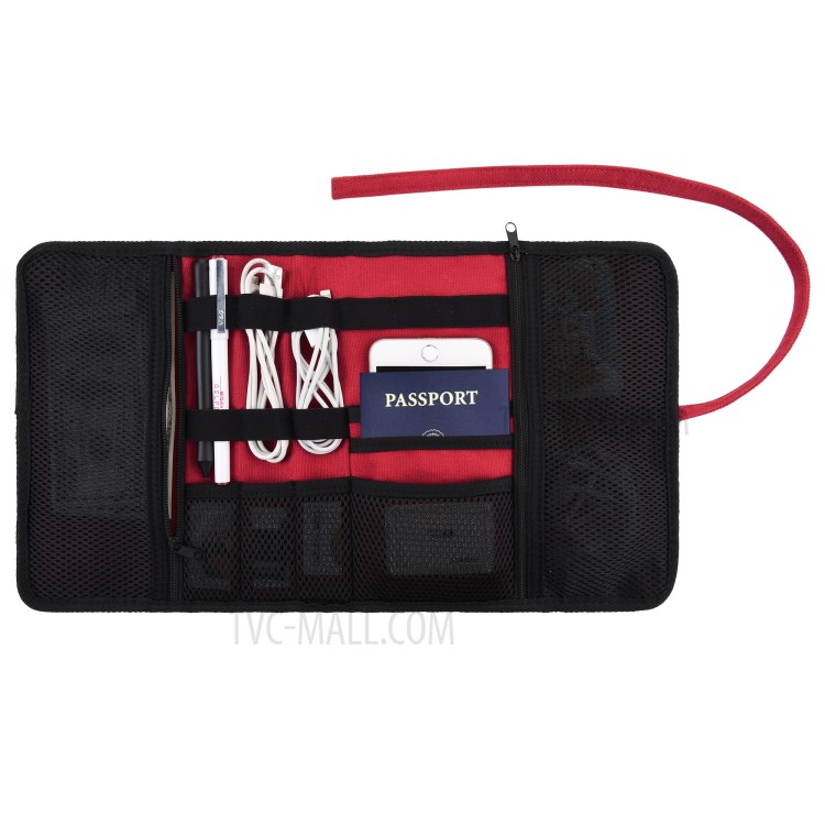 Portable Charger USB Cable Passport Credit Card Holder Travel Digital Electronic Accessories Storage Bag - Red-3