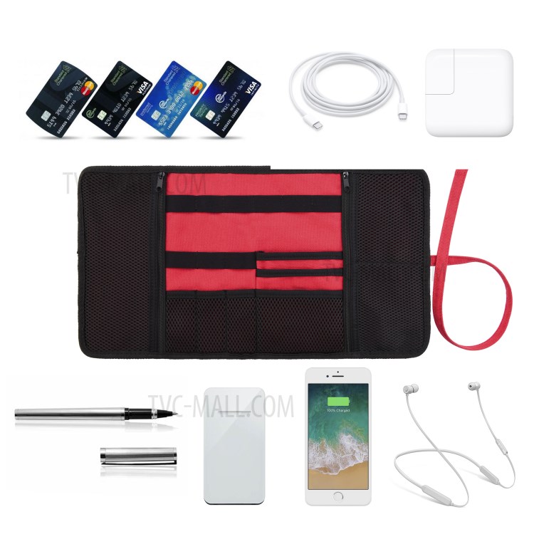 Portable Charger USB Cable Passport Credit Card Holder Travel Digital Electronic Accessories Storage Bag - Red-6
