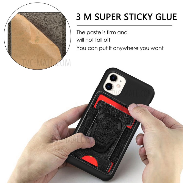 Litchi Texture PU Leather Mobile Phone Back Stick Bracket Card Bag - Black-10