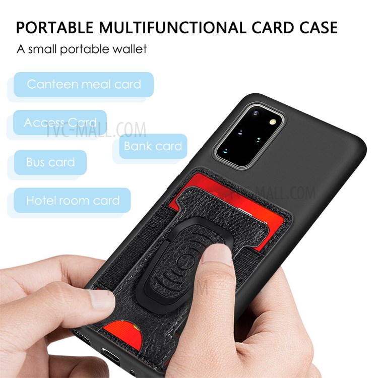 Litchi Texture PU Leather Mobile Phone Back Stick Bracket Card Bag - Black-11