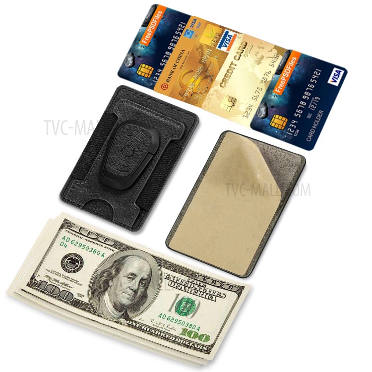 Litchi Texture PU Leather Mobile Phone Back Stick Bracket Card Bag - Black-12