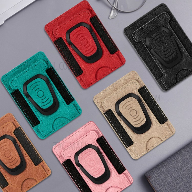 Litchi Texture PU Leather Mobile Phone Back Stick Bracket Card Bag - Black-13