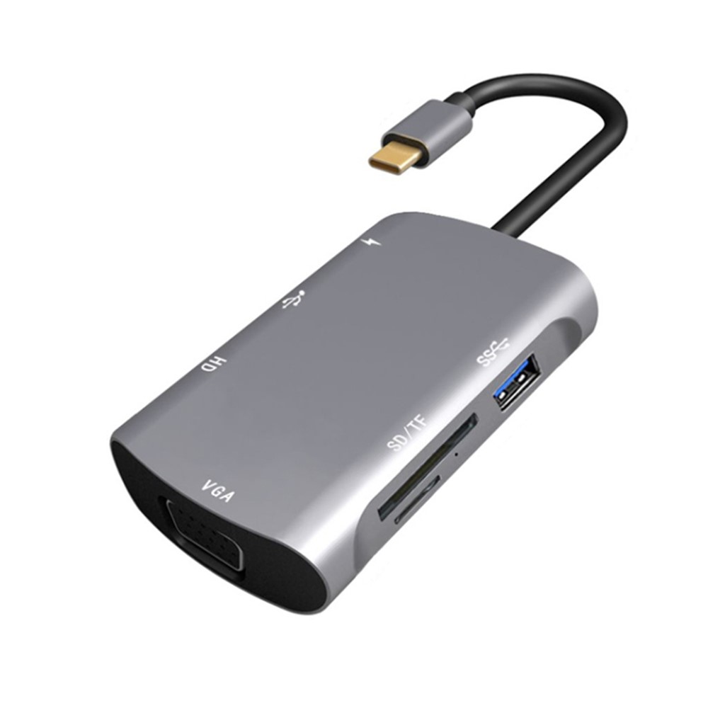 V217E 7 in 1 Type-C Hub Adapter Cable HD VGA USB 2.0/3.0 SD/TF Card Reader PD Charging Dock Station for Laptop PC-1