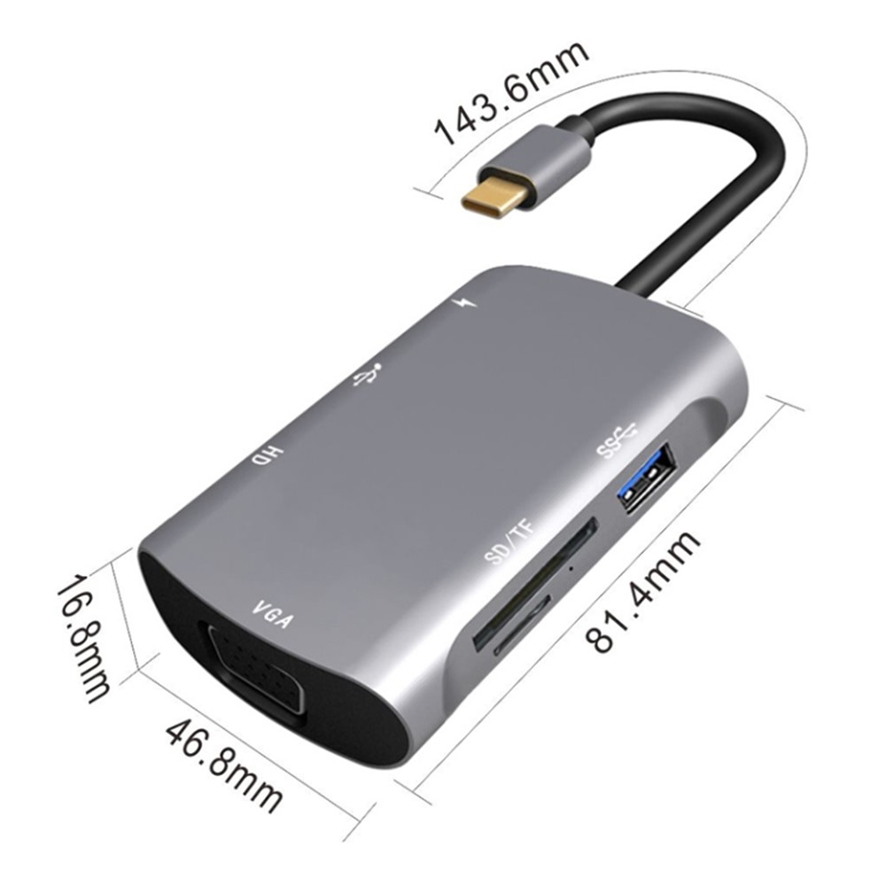 V217E 7 in 1 Type-C Hub Adapter Cable HD VGA USB 2.0/3.0 SD/TF Card Reader PD Charging Dock Station for Laptop PC-4