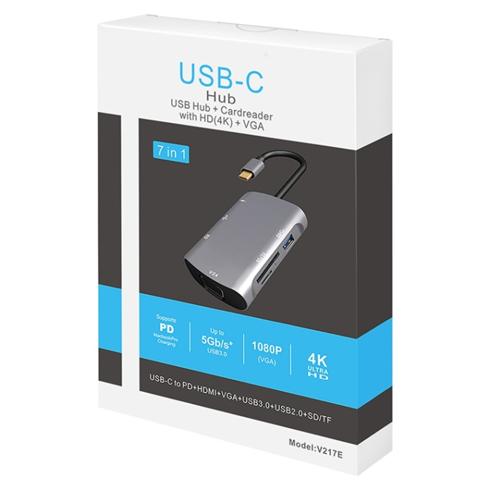 V217E 7 in 1 Type-C Hub Adapter Cable HD VGA USB 2.0/3.0 SD/TF Card Reader PD Charging Dock Station for Laptop PC-5
