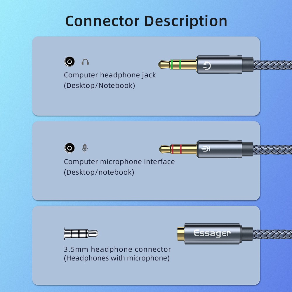 ESSAGER 0.25m 3.5mm Female to Dual 3.5mm Male Mic AUX Audio Y Splitter Cable Headphone Adapter Cord-3