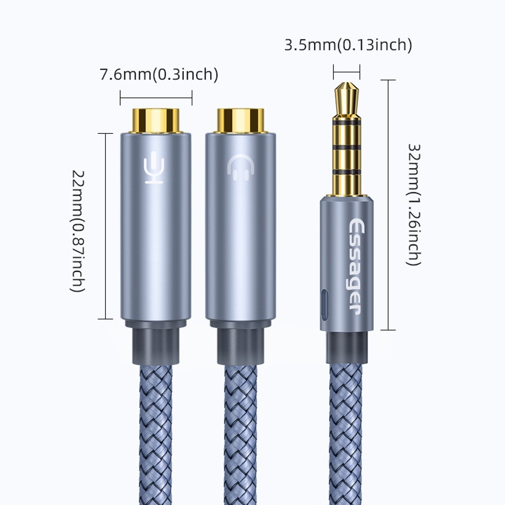 ESSAGER 0.25m Audio Splitter Headset Extension Cable 3.5mm Jack Male to Dual Female Mic Y Adapter Cord-9