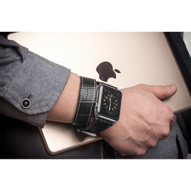 QIALINO Für Apple Watch 42mm Doppeltour Krokodil Textur Echtes Lederband - Schwarz-2