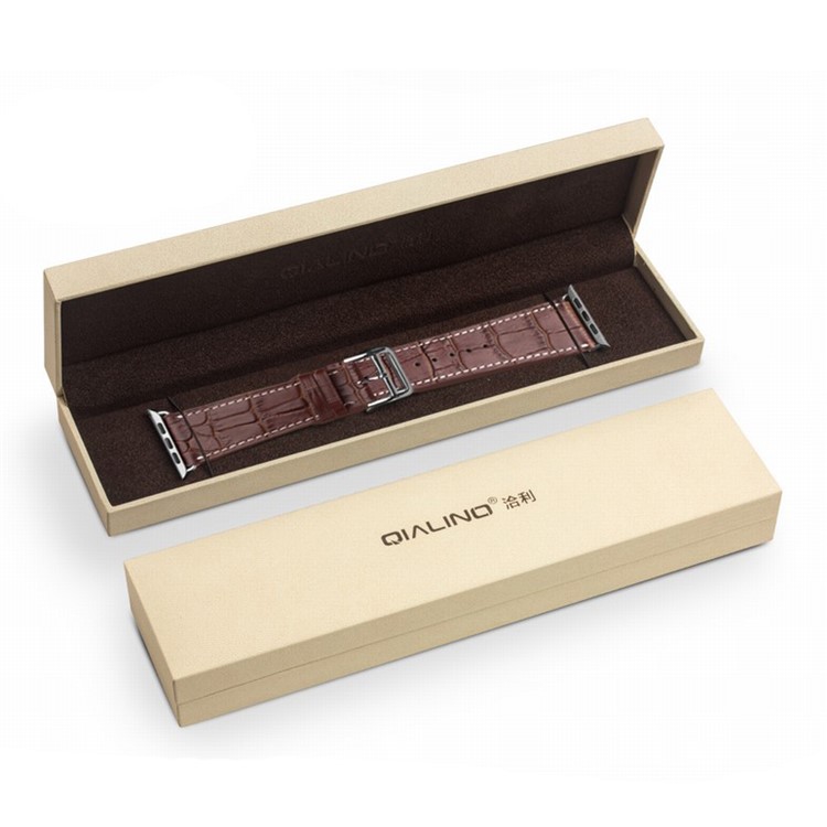 QIALINO Für Apple Watch 42mm Doppeltour Krokodil Textur Echtes Lederband - Schwarz-3