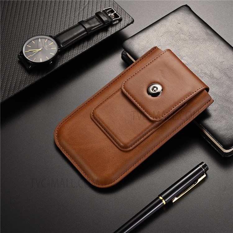 A3 Universal PU Leather Protective Case Waist Belt Loop Phone Cover Bag with Card Holder for 5.5-inch - 6.7-inch Phone, Size: XL - Dark Brown-7