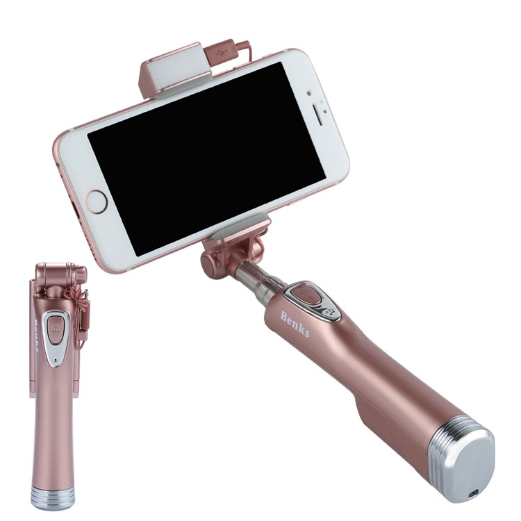 BENKS Built-in Bluetooth Remote Shutter Selfie Stick Monopad with LED Fill Light and Rear Mirror - Rose Gold-1