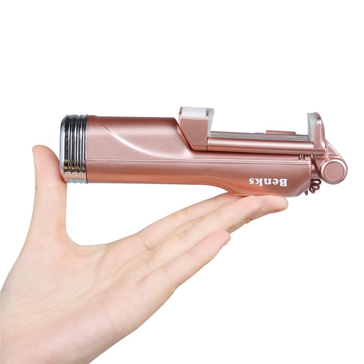 BENKS Built-in Bluetooth Remote Shutter Selfie Stick Monopad with LED Fill Light and Rear Mirror - Rose Gold-2