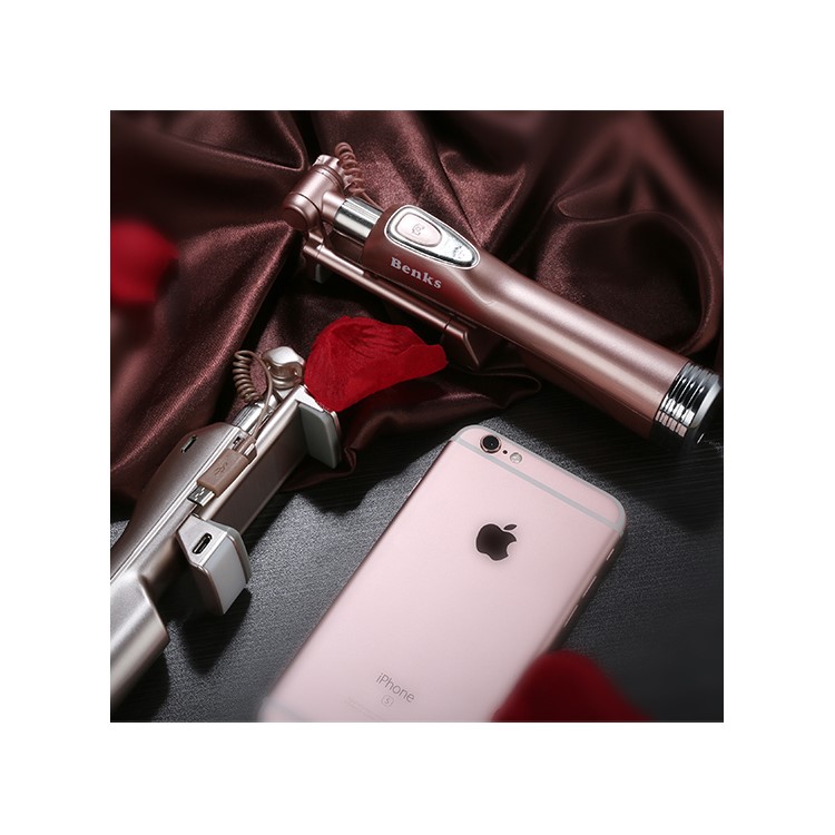 BENKS Built-in Bluetooth Remote Shutter Selfie Stick Monopad with LED Fill Light and Rear Mirror - Rose Gold-9