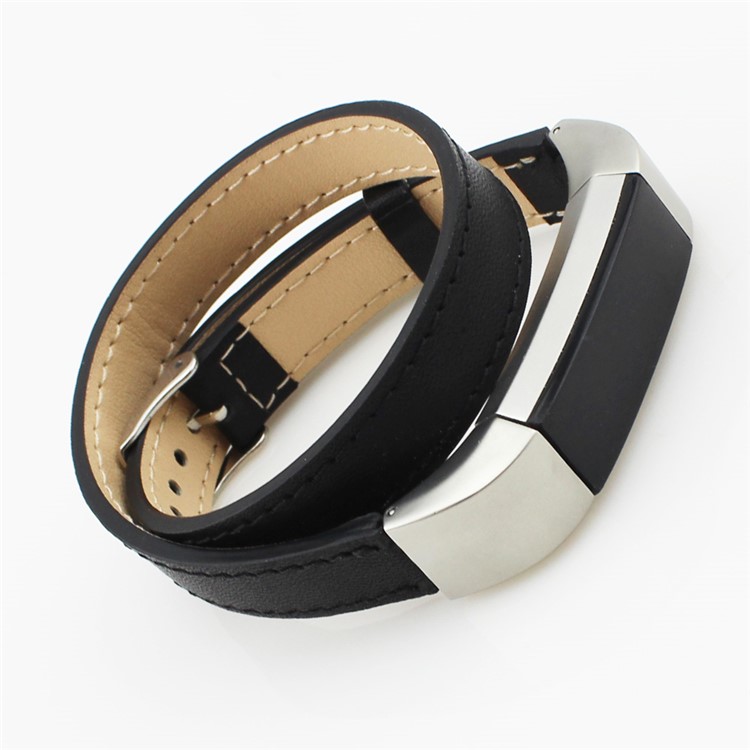 Genuine Leather Double Tour Bracelet Watch Strap for Fitbit Alta - Black-2