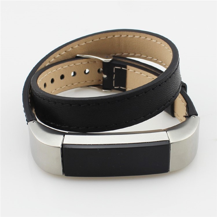 Genuine Leather Double Tour Bracelet Watch Strap for Fitbit Alta - Black-3